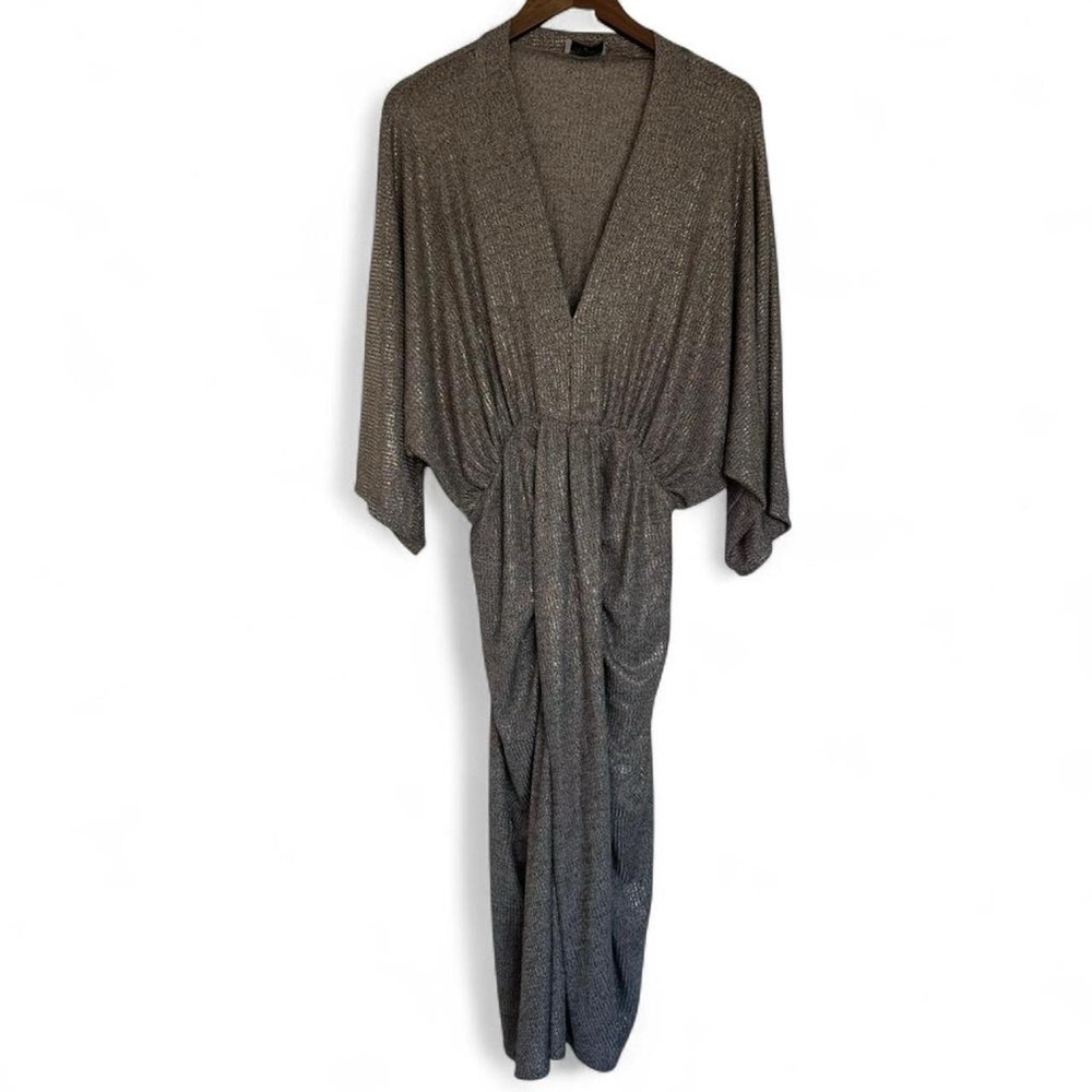 Dress Forum Silver Grey Metallic Ruched Shimmer Drape Midi Dress Medium Glam